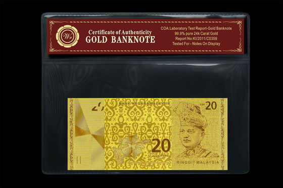 มาเลเซีย 20 ริงกิตนูนใน 24 กะรัตเพียว Holder แพ็คโกลด์ธนบัตรพลาสติก