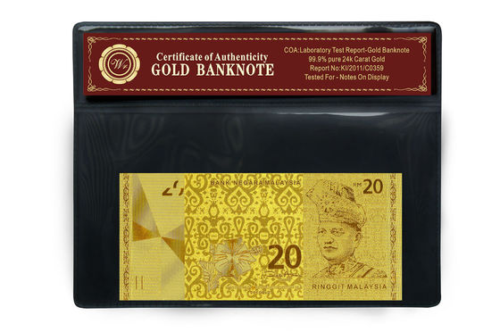 มาเลเซีย 20 ริงกิตนูนใน 24 กะรัตเพียว Holder แพ็คโกลด์ธนบัตรพลาสติก